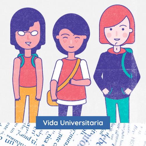 Ilustración de 3 estudiantes con el texto Vida Universitaria